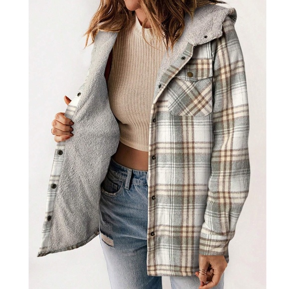 Cozy Plaid Print Teddy Lined Button Jacket Shacket - Picture 3 of 7